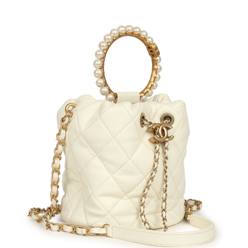 Mini Pearl Top Handle Bucket Bag White Calfskin Antique Gold Hardware