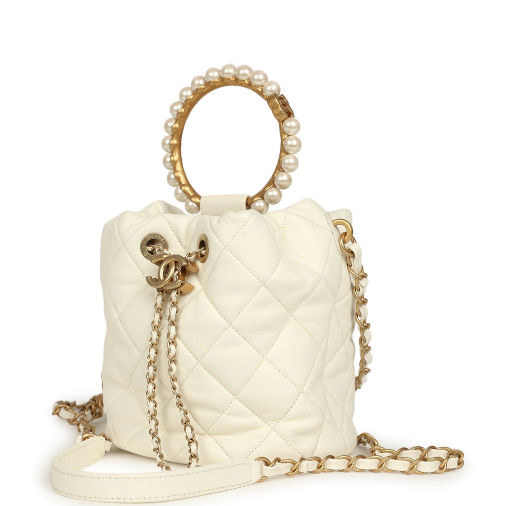 Pre-owned Mini Pearl Top Handle Bucket Bag White Calfskin Antique Gold Hardware