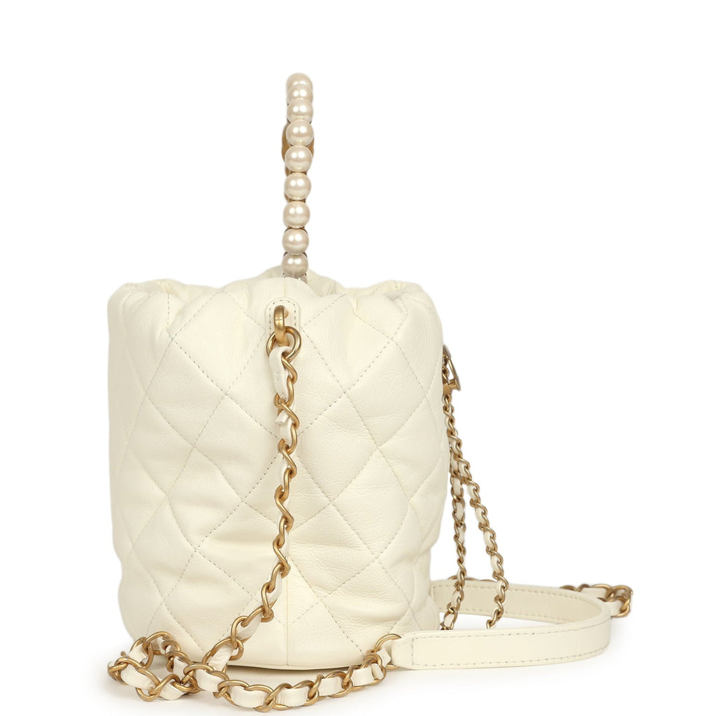 Mini Pearl Top Handle Bucket Bag White Calfskin Antique Gold Hardware