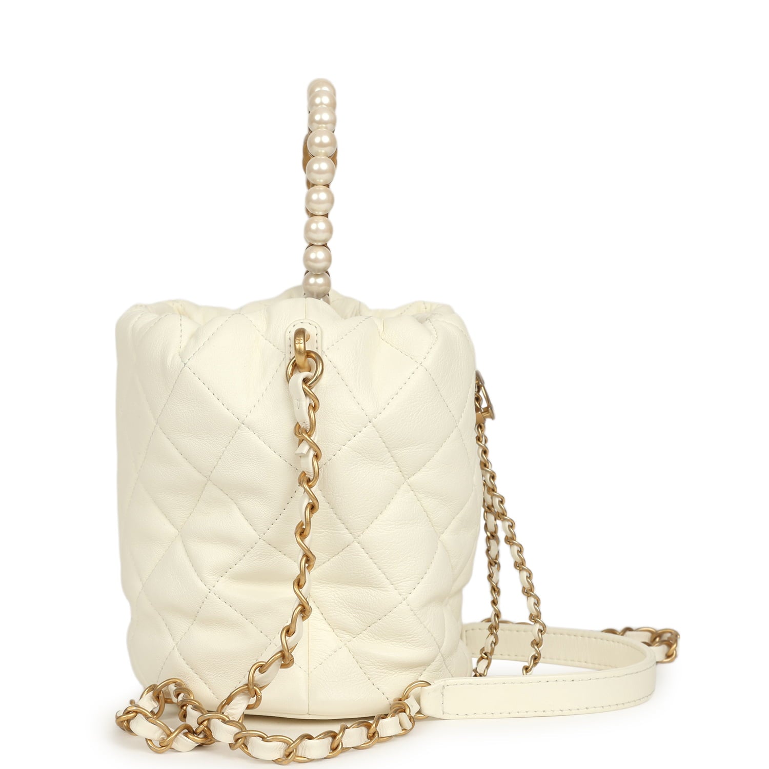 Mini Pearl Top Handle Bucket Bag White Calfskin Antique Gold Hardware