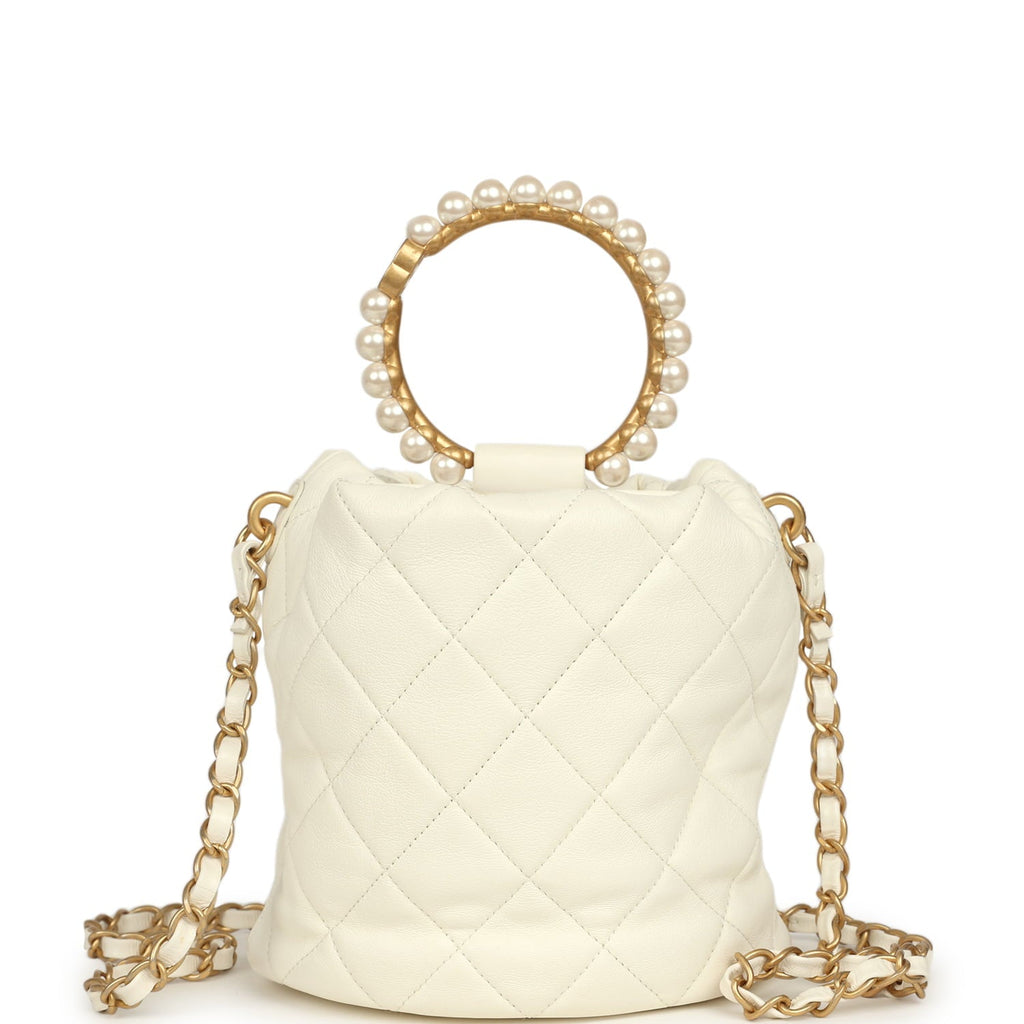 Mini Pearl Top Handle Bucket Bag White Calfskin Antique Gold Hardware