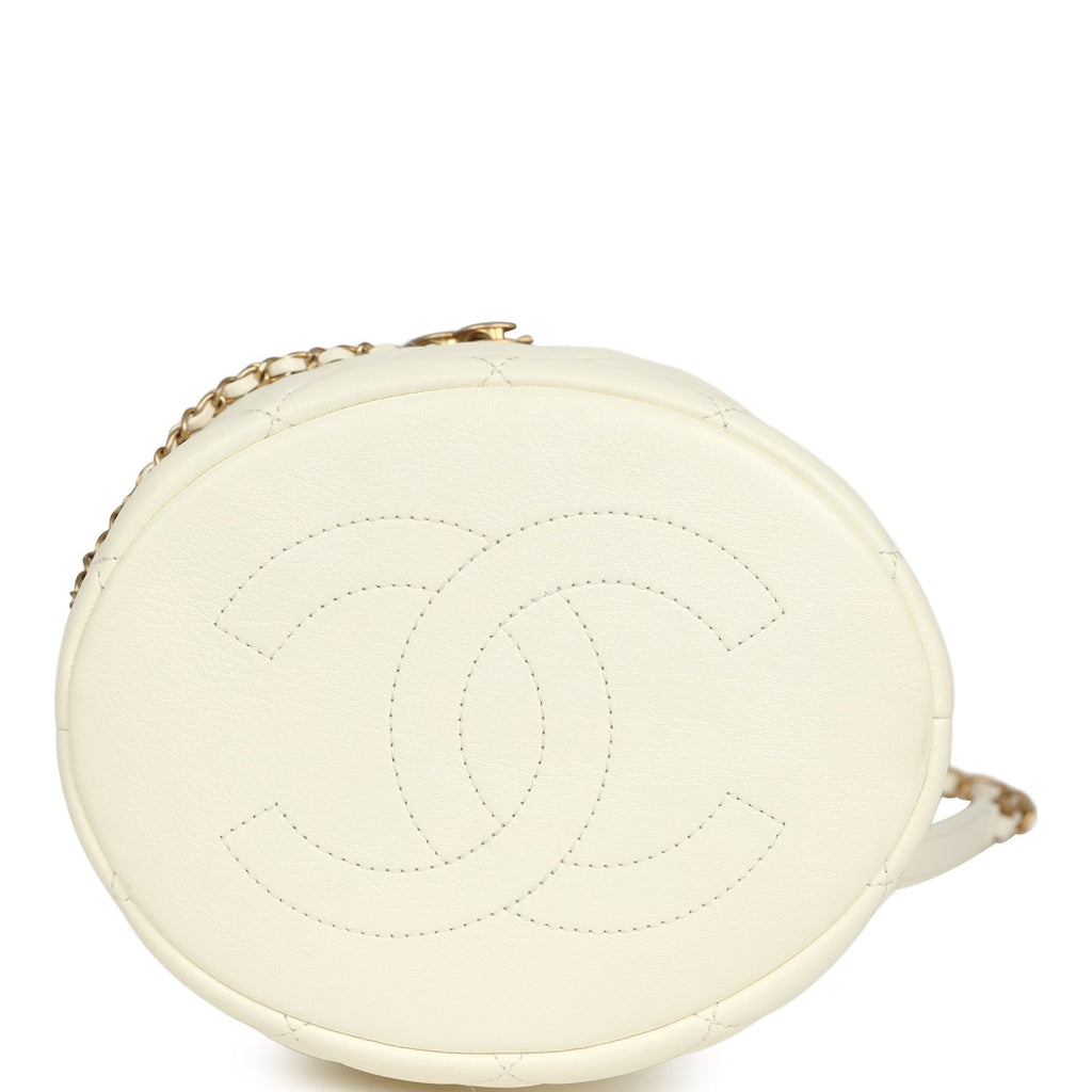 Mini Pearl Top Handle Bucket Bag White Calfskin Antique Gold Hardware