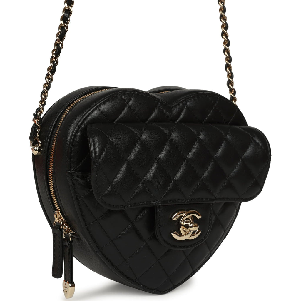 CC In Love Large Heart Bag with Chain Black Lambskin Light Gold Hardware