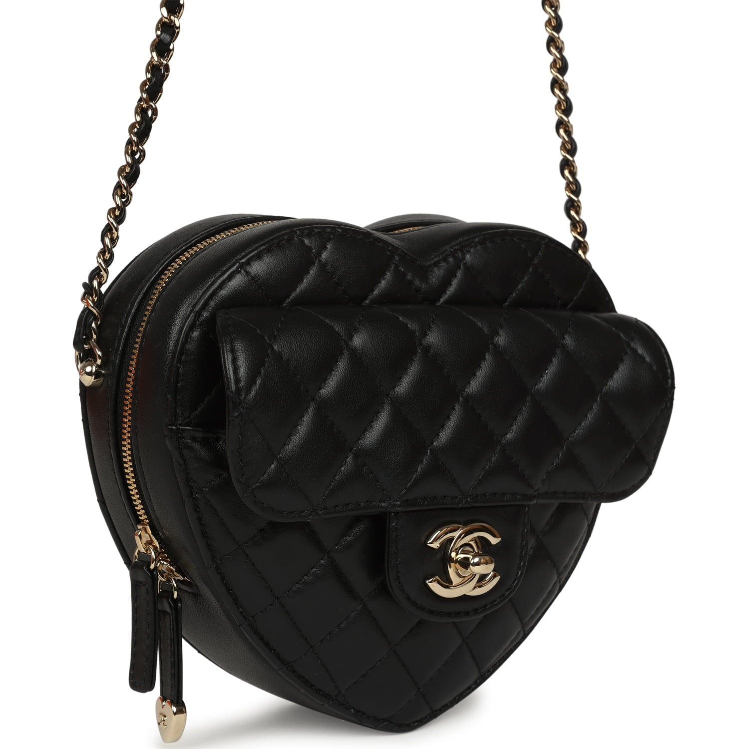 CC In Love Large Heart Bag with Chain Black Lambskin Light Gold Hardware