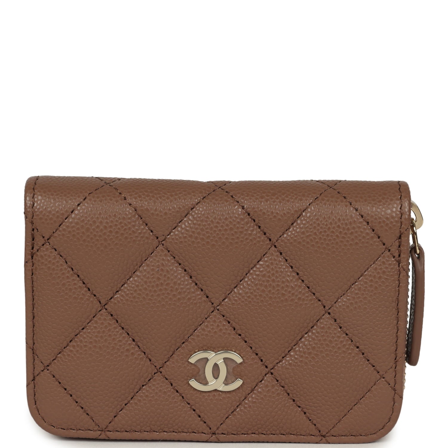 Classic Zipped Coin Purse Wallet Brown Shiny Caviar Light Gold Hardware