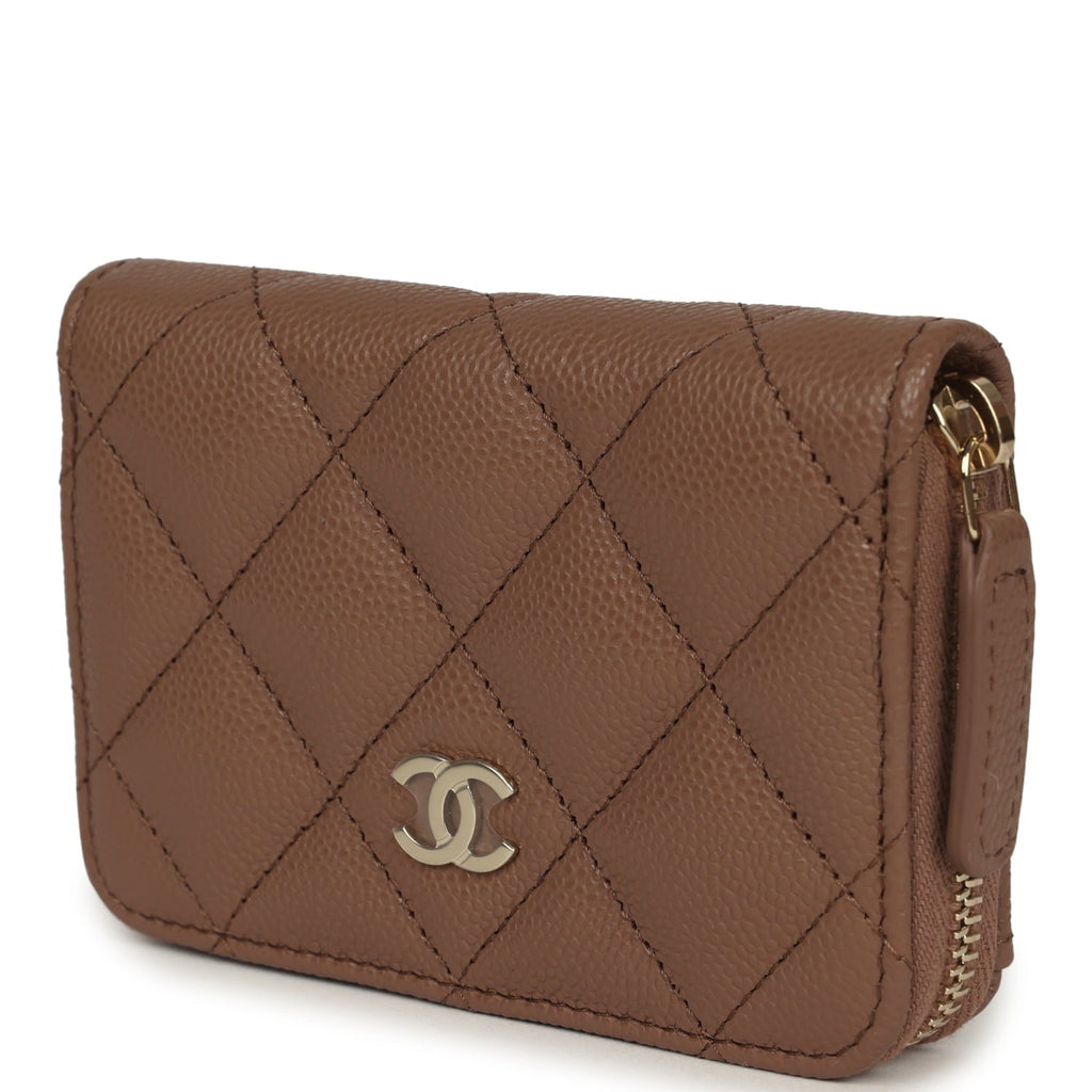 Classic Zipped Coin Purse Wallet Brown Shiny Caviar Light Gold Hardware
