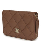 Classic Zipped Coin Purse Wallet Brown Shiny Caviar Light Gold Hardware