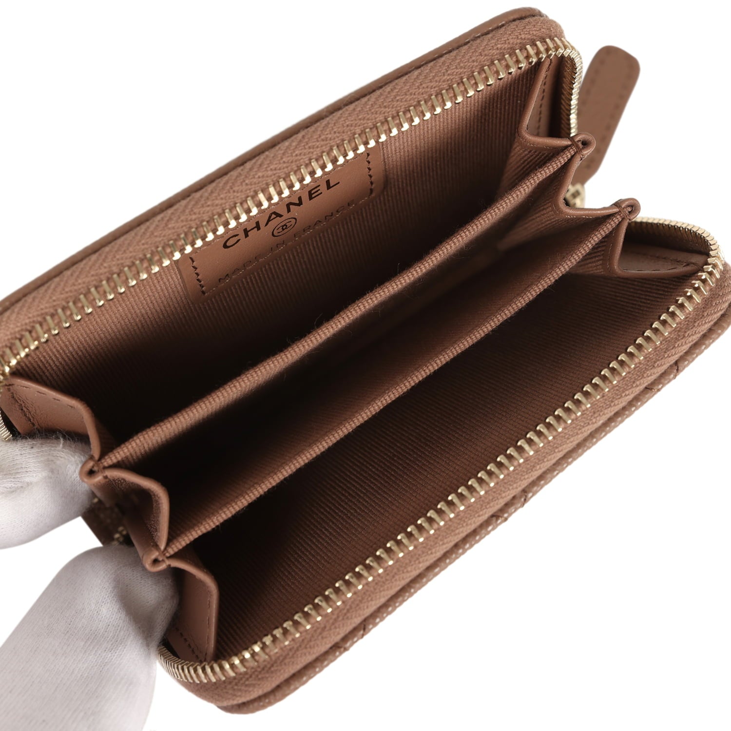 Classic Zipped Coin Purse Wallet Brown Shiny Caviar Light Gold Hardware