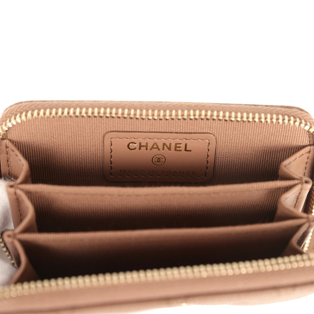 Classic Zipped Coin Purse Wallet Brown Shiny Caviar Light Gold Hardware