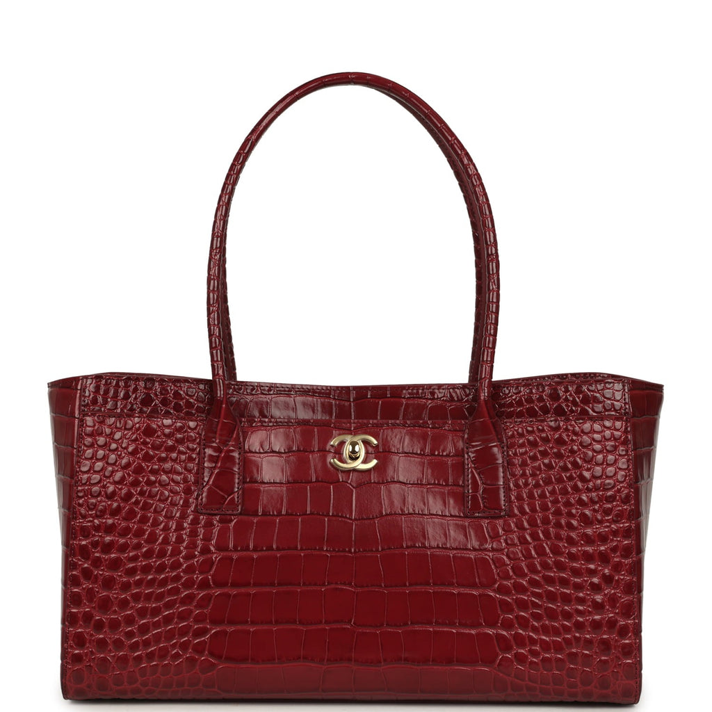 Small Cerf Shopping Bag Burgundy Croc Embossed Calfskin Gold Hardware