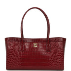 Small Cerf Shopping Bag Burgundy Croc Embossed Calfskin Gold Hardware
