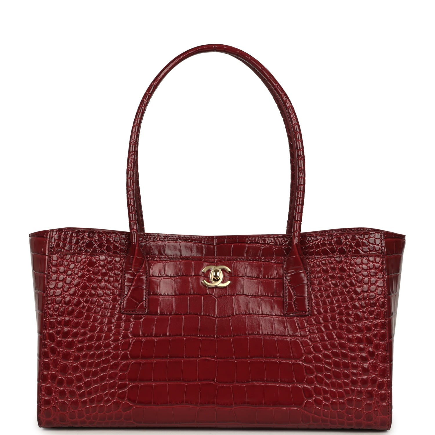 Small Cerf Shopping Bag Burgundy Croc Embossed Calfskin Gold Hardware