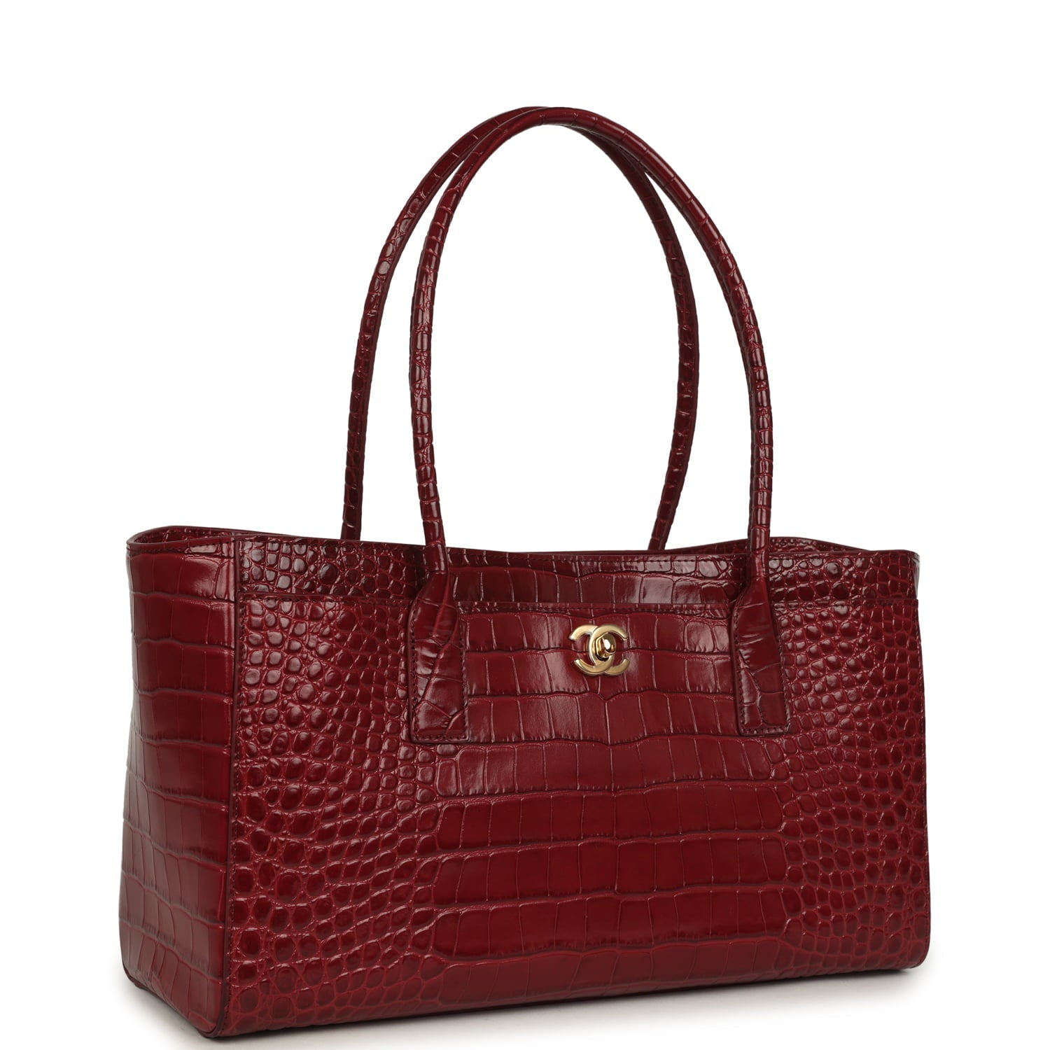 Small Cerf Shopping Bag Burgundy Croc Embossed Calfskin Gold Hardware