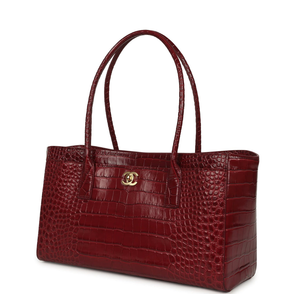 Small Cerf Shopping Bag Burgundy Croc Embossed Calfskin Gold Hardware