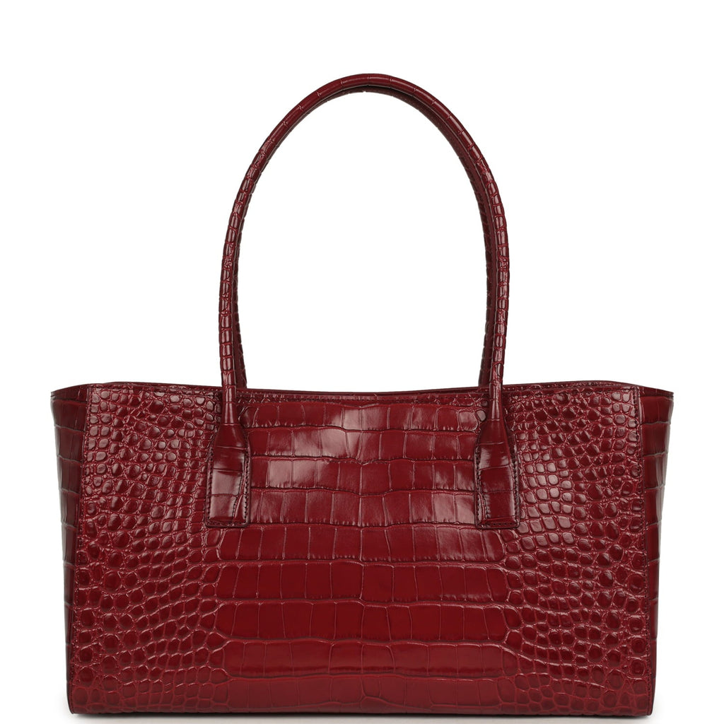 Small Cerf Shopping Bag Burgundy Croc Embossed Calfskin Gold Hardware