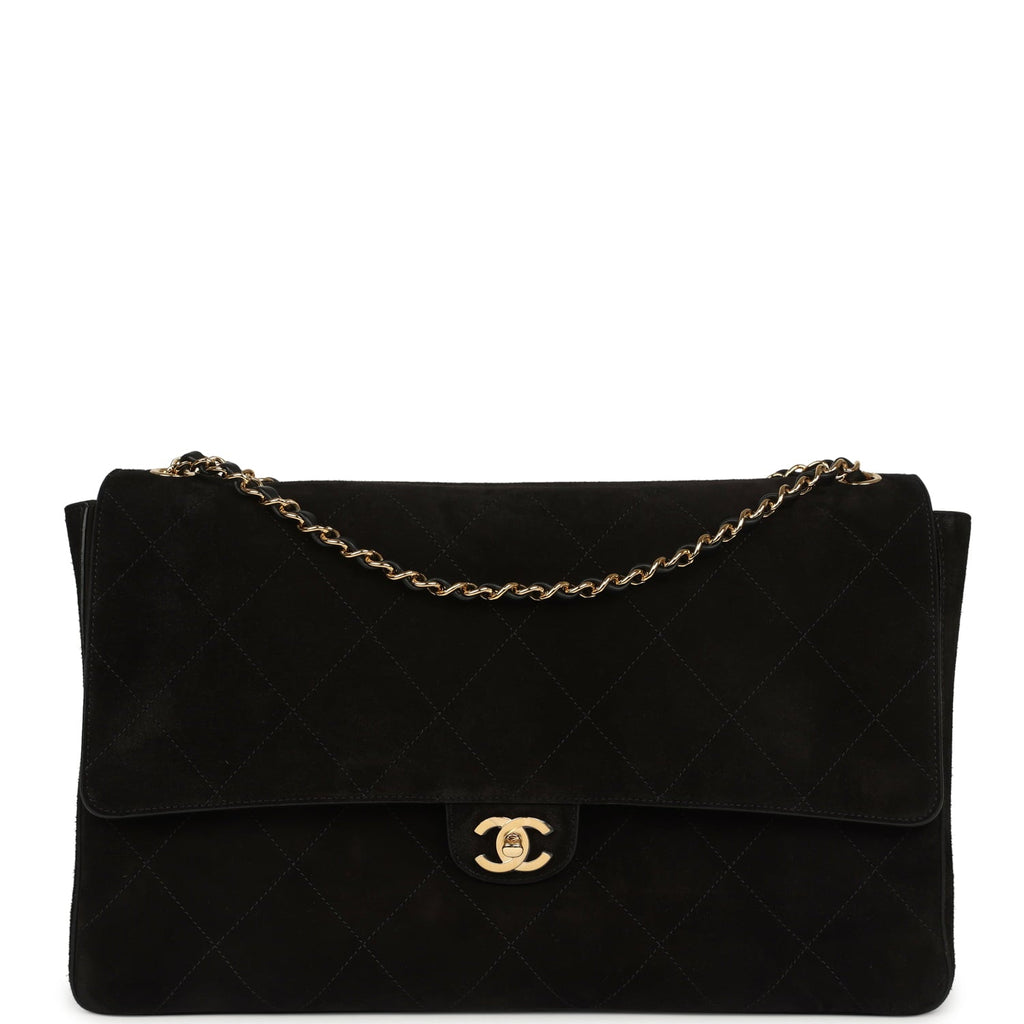 Maxi "Souplissimo" Large Flap Bag Black Suede Gold Hardware