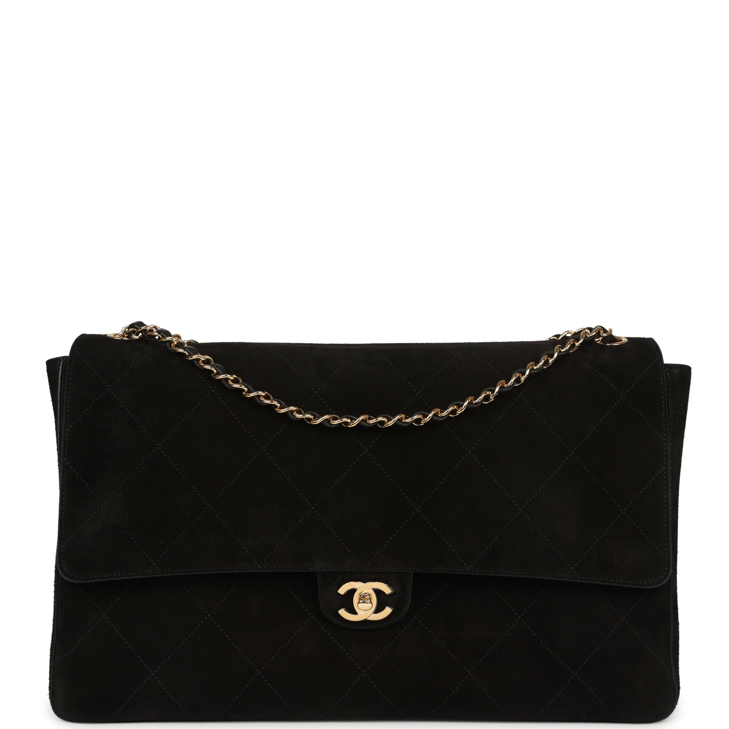 Maxi "Souplissimo" Large Flap Bag Black Suede Gold Hardware