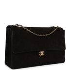 Maxi "Souplissimo" Large Flap Bag Black Suede Gold Hardware