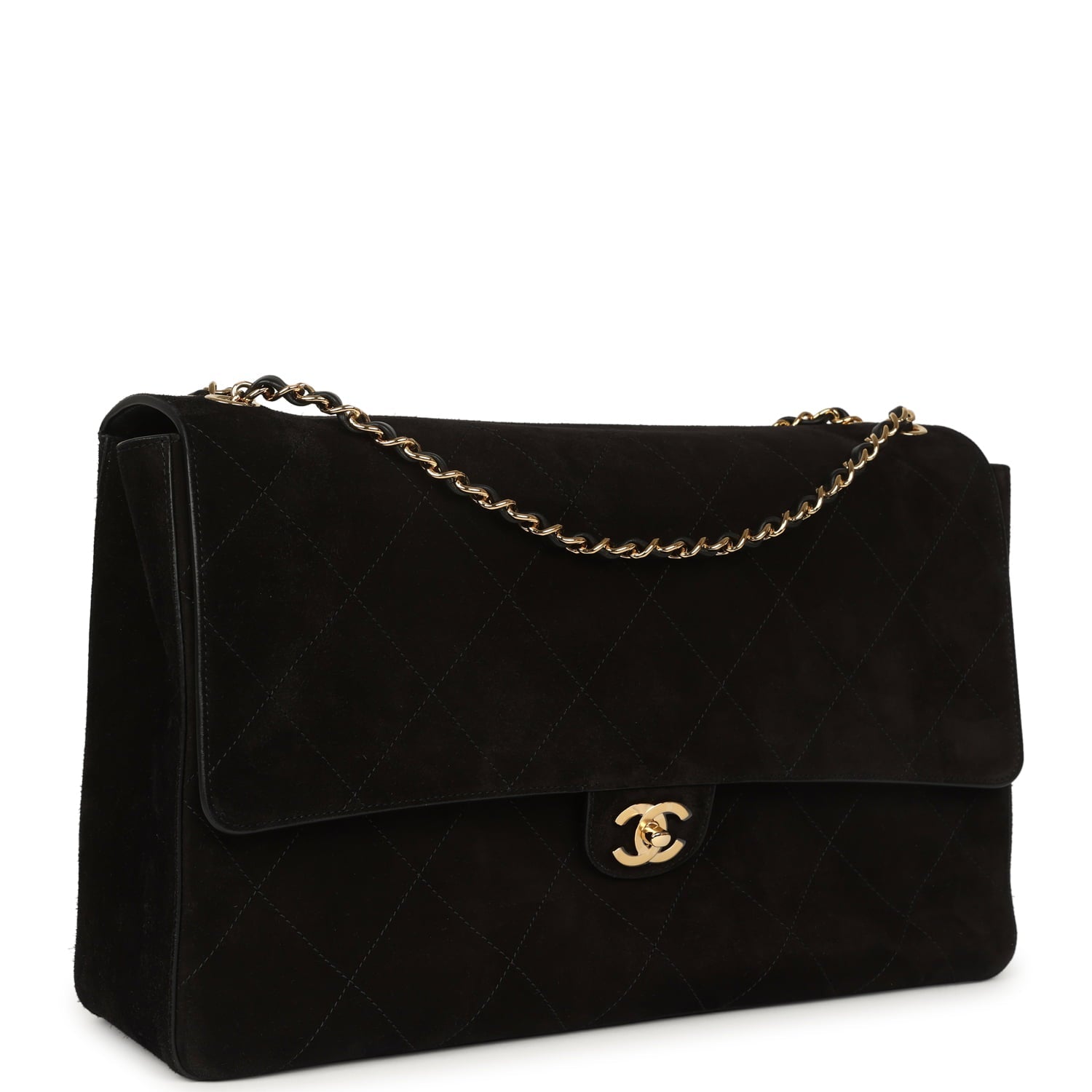 Maxi "Souplissimo" Large Flap Bag Black Suede Gold Hardware
