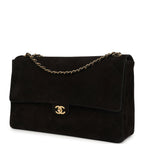 Maxi "Souplissimo" Large Flap Bag Black Suede Gold Hardware