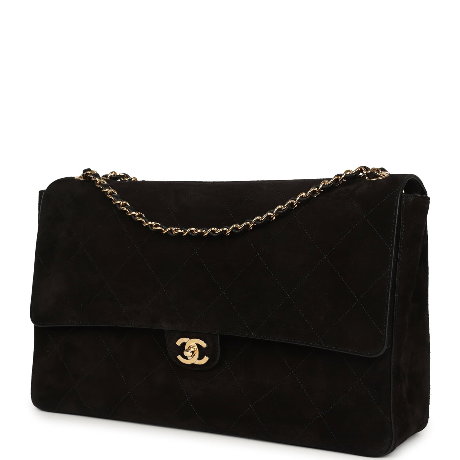 Maxi "Souplissimo" Large Flap Bag Black Suede Gold Hardware