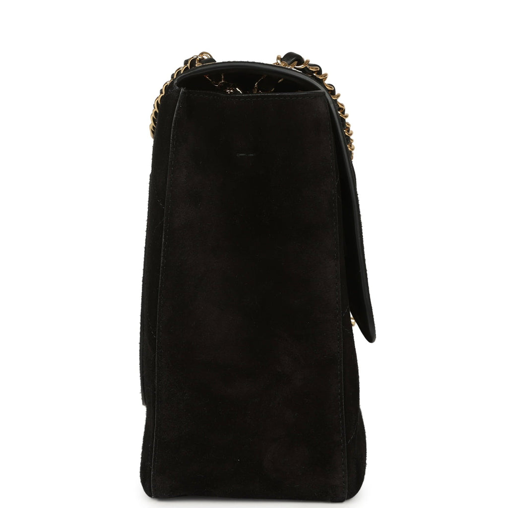 Maxi "Souplissimo" Large Flap Bag Black Suede Gold Hardware