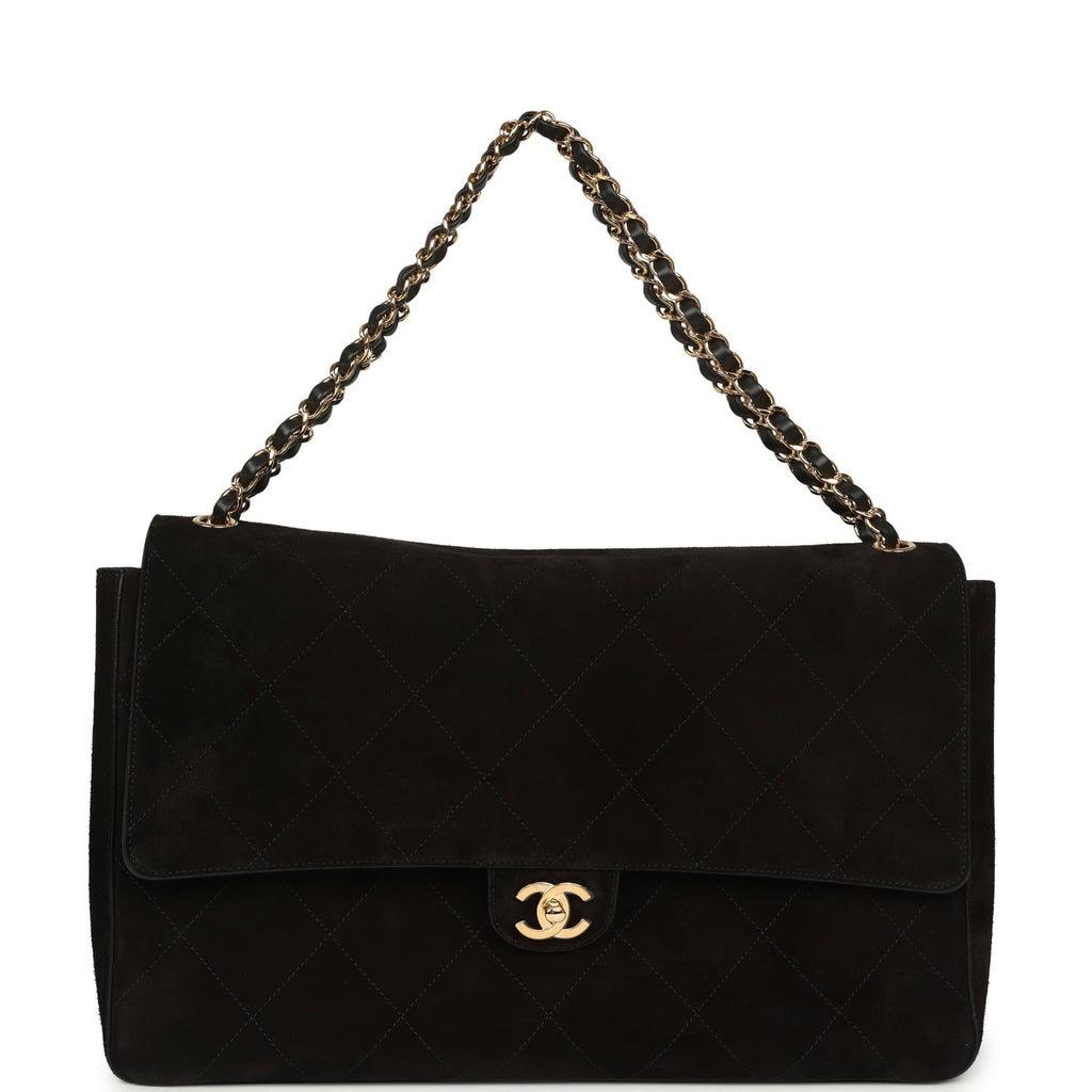 Maxi "Souplissimo" Large Flap Bag Black Suede Gold Hardware