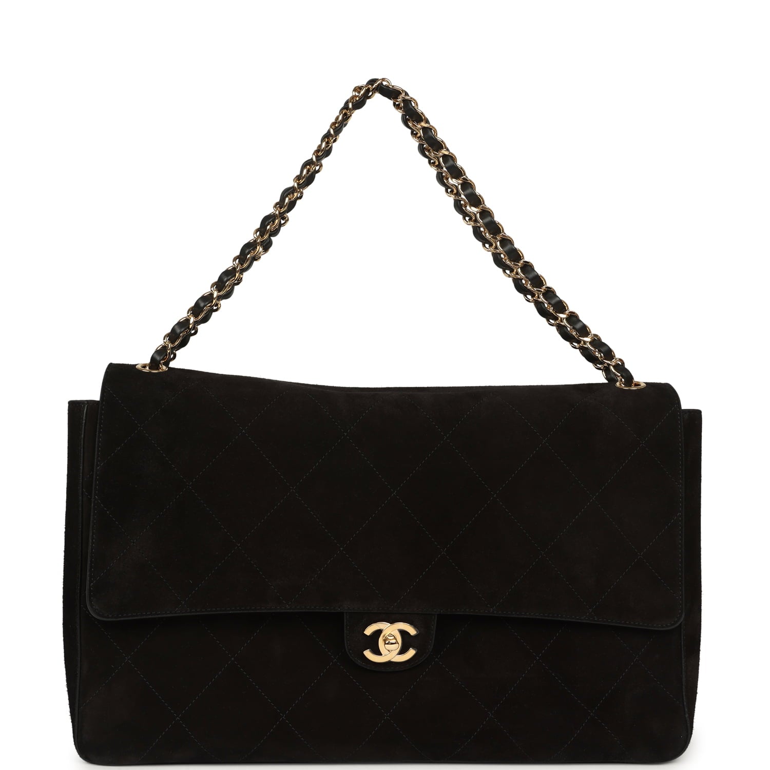 Maxi "Souplissimo" Large Flap Bag Black Suede Gold Hardware