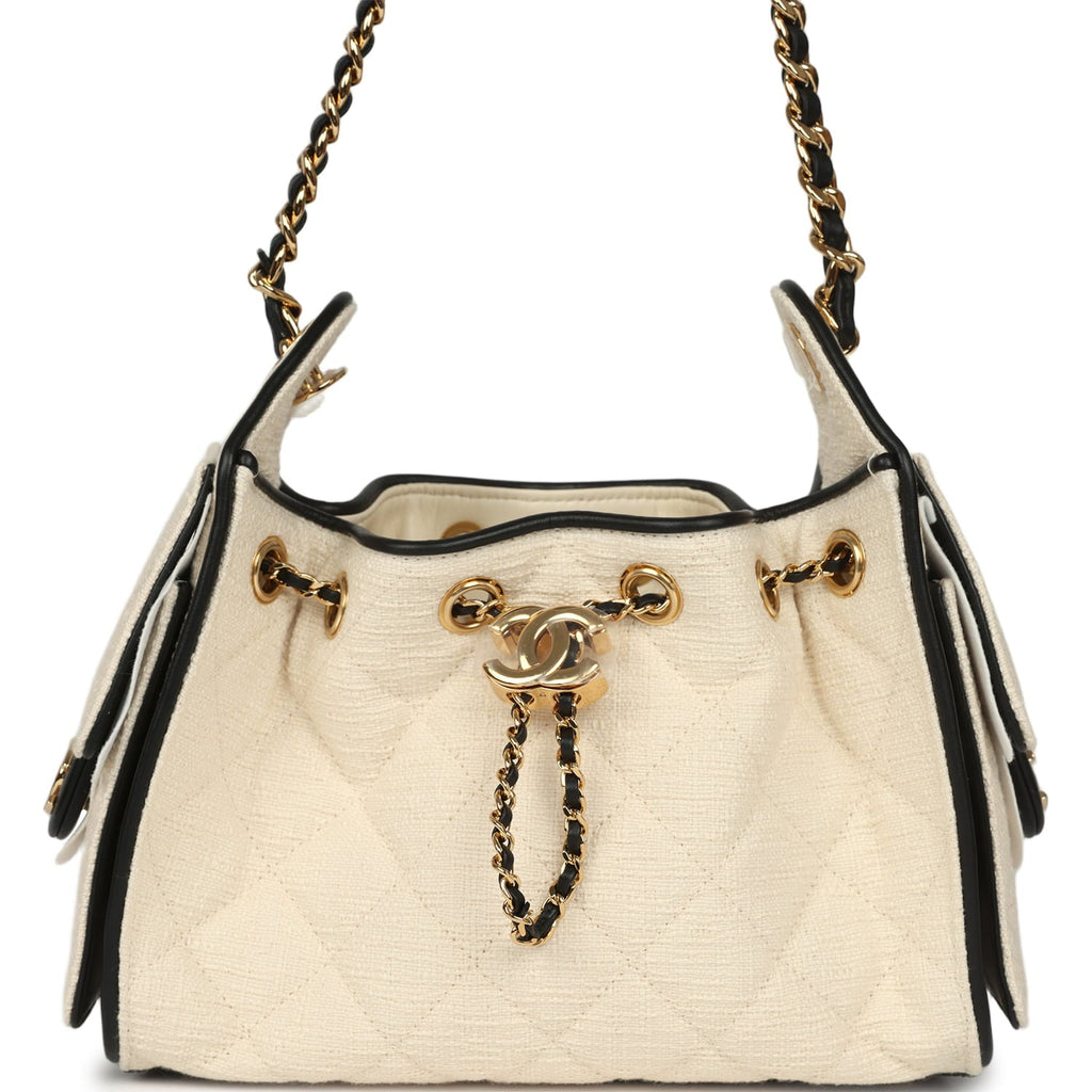 Mini 25 Hobo Bag Ecru Canvas and Black Calfskin Gold Hardware