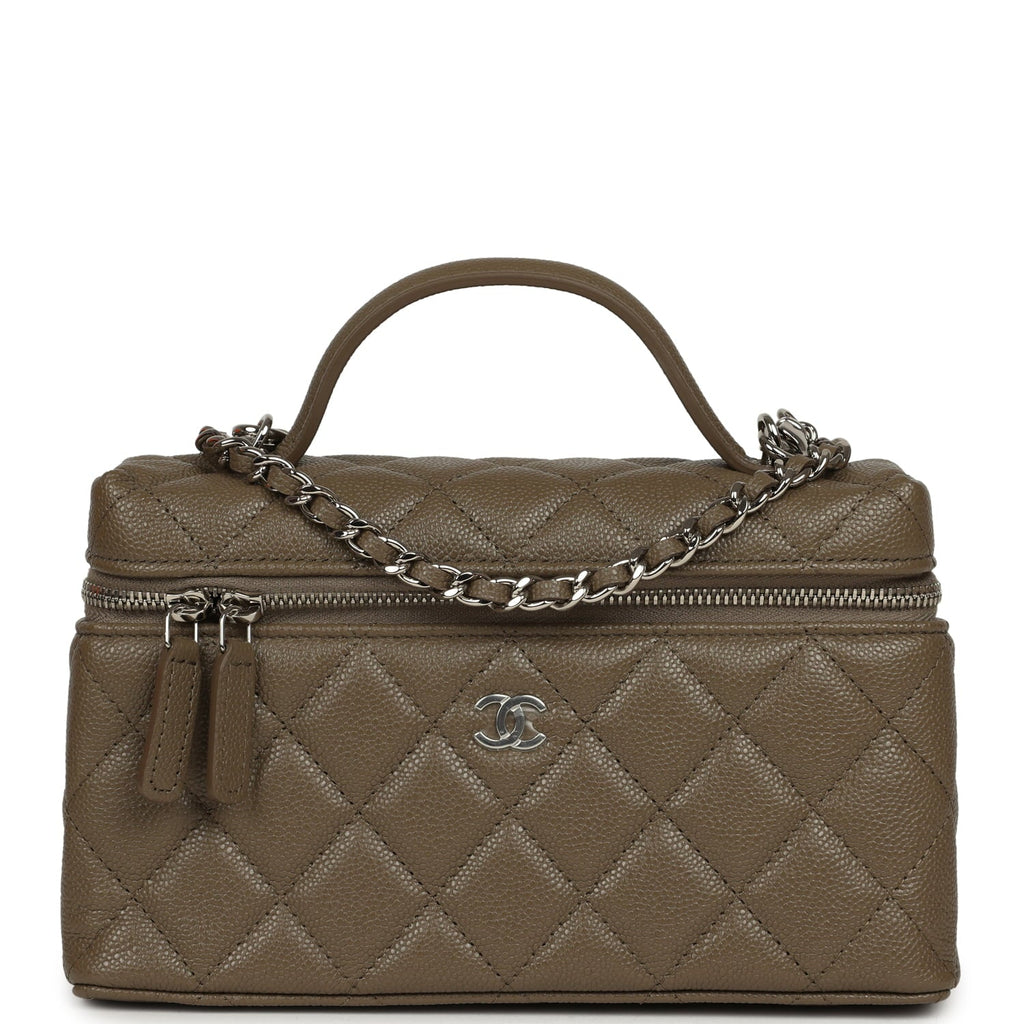 Chevron Top Handle Long Vanity Case with Chain Dark Khaki Shiny Caviar Silver Hardware