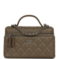 Chevron Top Handle Long Vanity Case with Chain Dark Khaki Shiny Caviar Silver Hardware