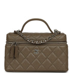Chevron Top Handle Long Vanity Case with Chain Dark Khaki Shiny Caviar Silver Hardware