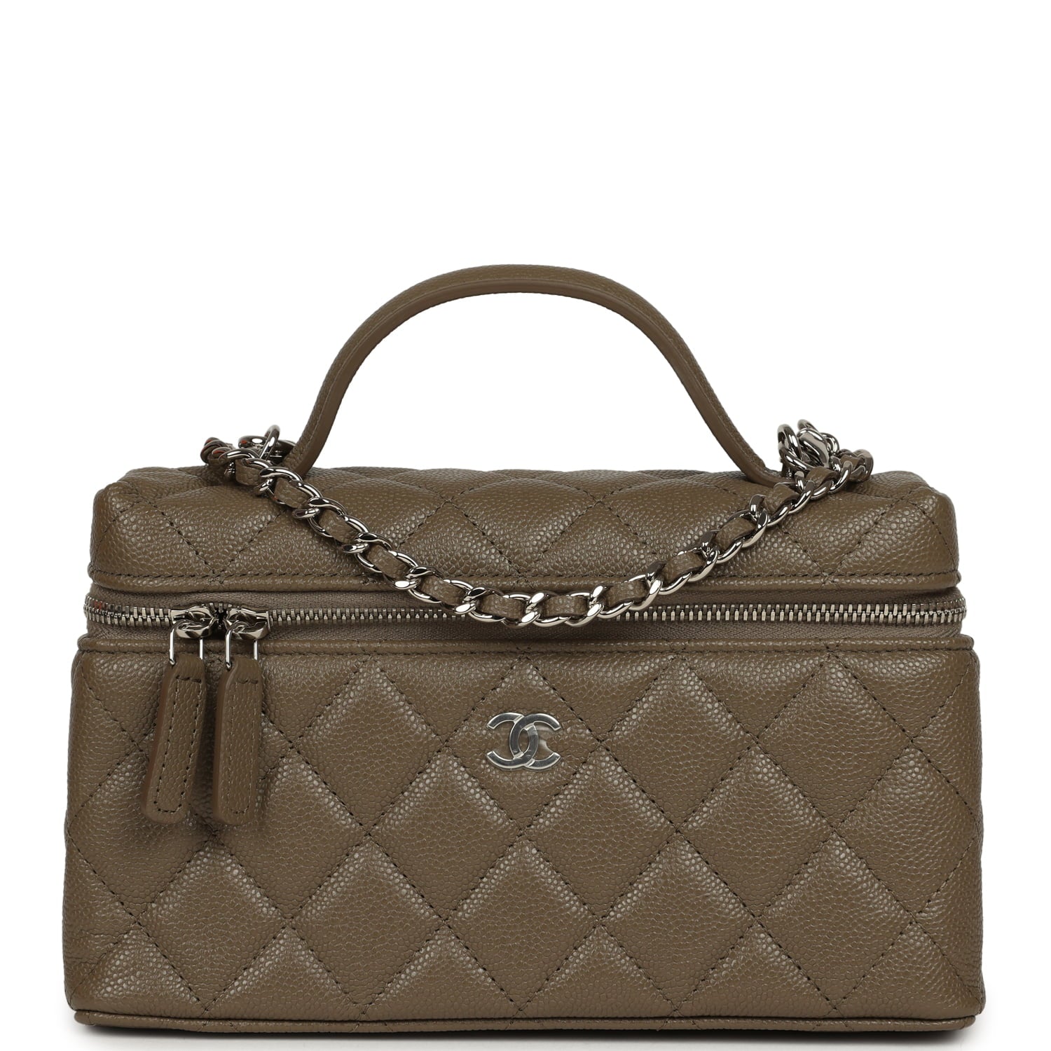 Chevron Top Handle Long Vanity Case with Chain Dark Khaki Shiny Caviar Silver Hardware