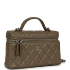 Chevron Top Handle Long Vanity Case with Chain Dark Khaki Shiny Caviar Silver Hardware