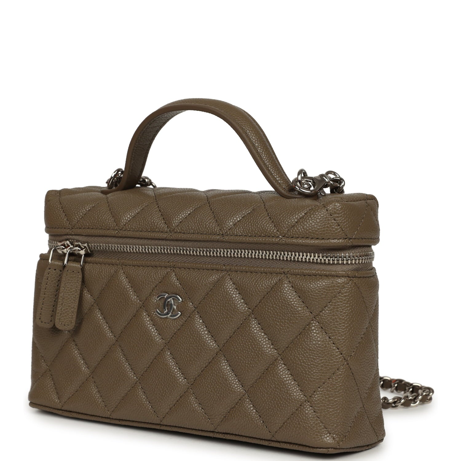 Chevron Top Handle Long Vanity Case with Chain Dark Khaki Shiny Caviar Silver Hardware