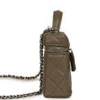Chevron Top Handle Long Vanity Case with Chain Dark Khaki Shiny Caviar Silver Hardware