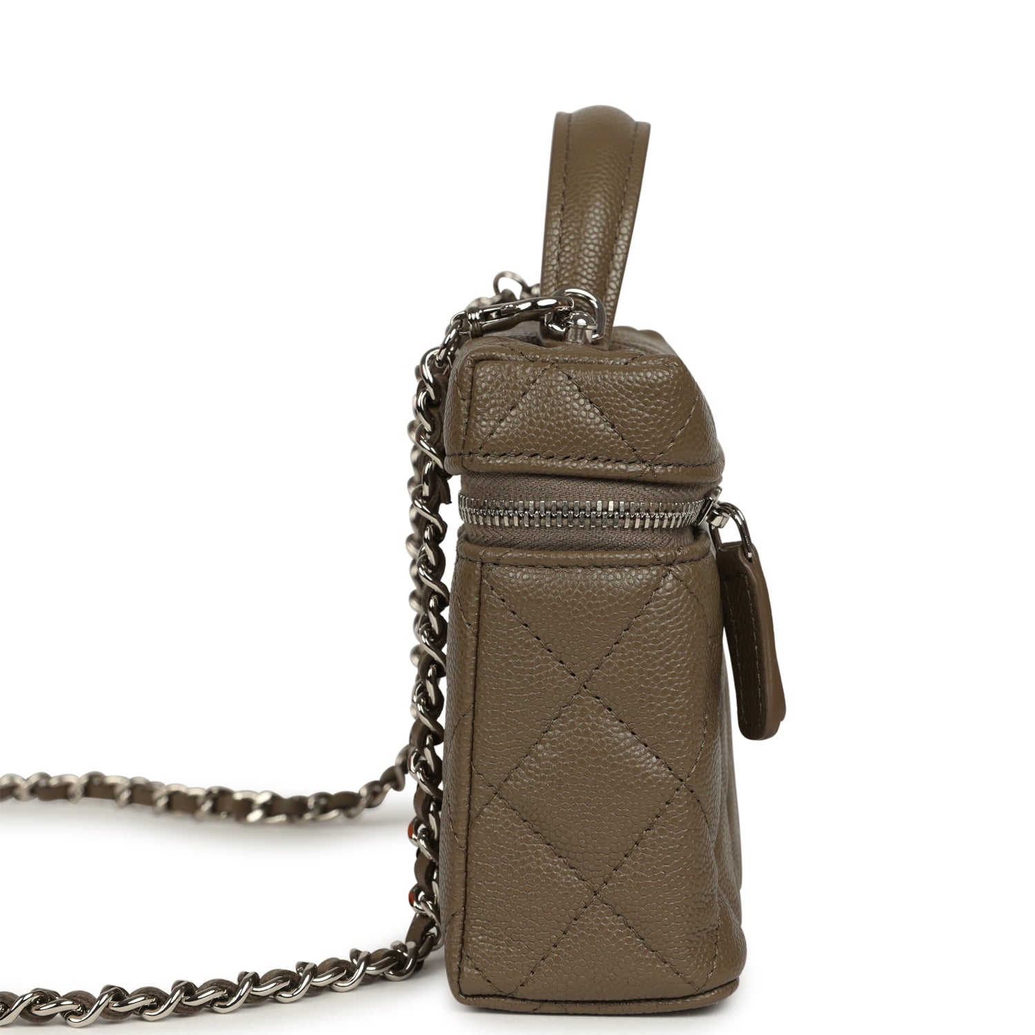 Chevron Top Handle Long Vanity Case with Chain Dark Khaki Shiny Caviar Silver Hardware