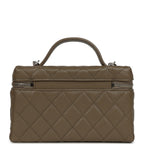 Chevron Top Handle Long Vanity Case with Chain Dark Khaki Shiny Caviar Silver Hardware