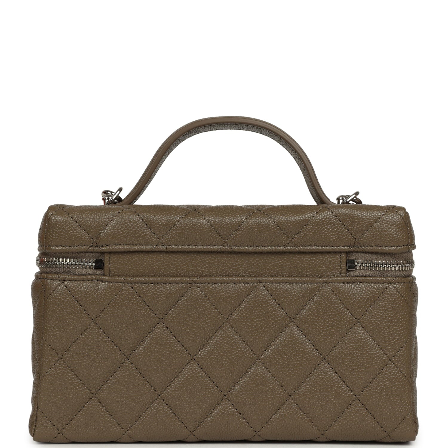 Chevron Top Handle Long Vanity Case with Chain Dark Khaki Shiny Caviar Silver Hardware