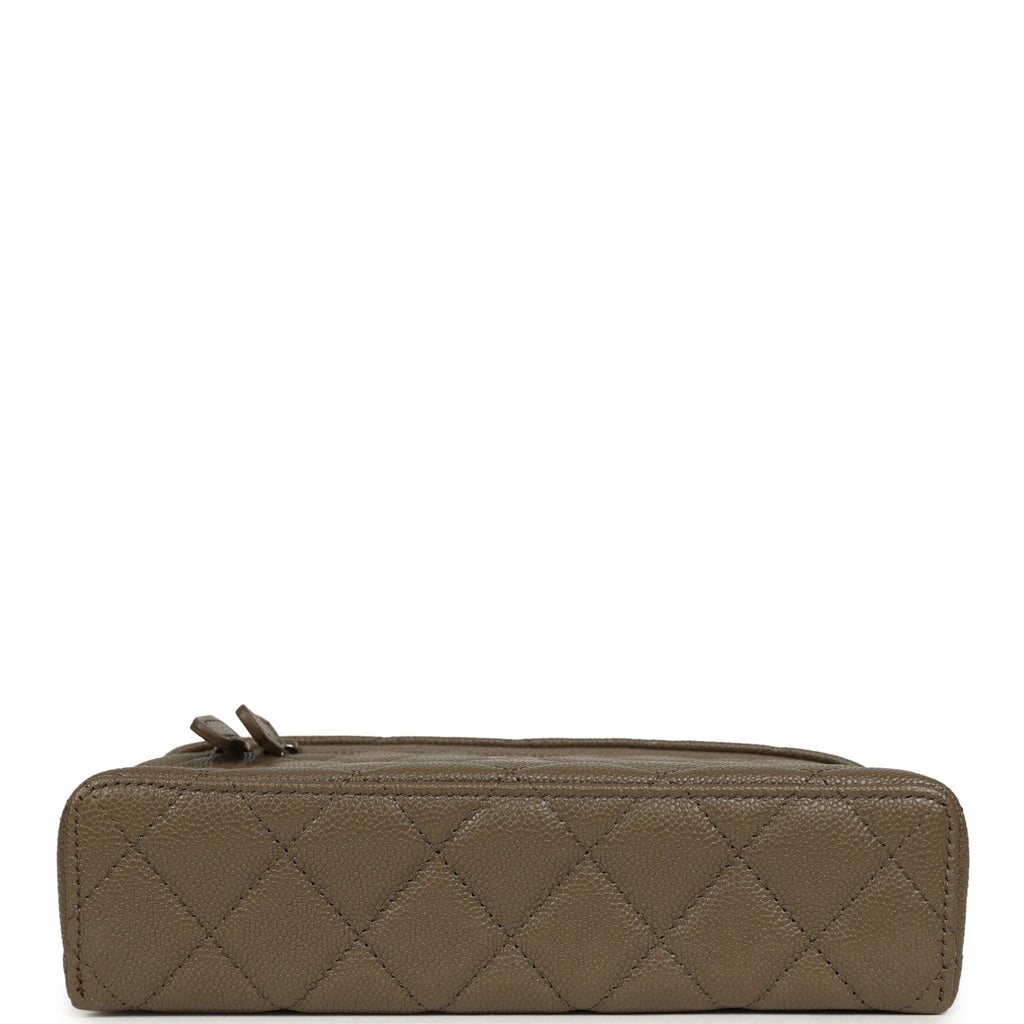 Chevron Top Handle Long Vanity Case with Chain Dark Khaki Shiny Caviar Silver Hardware