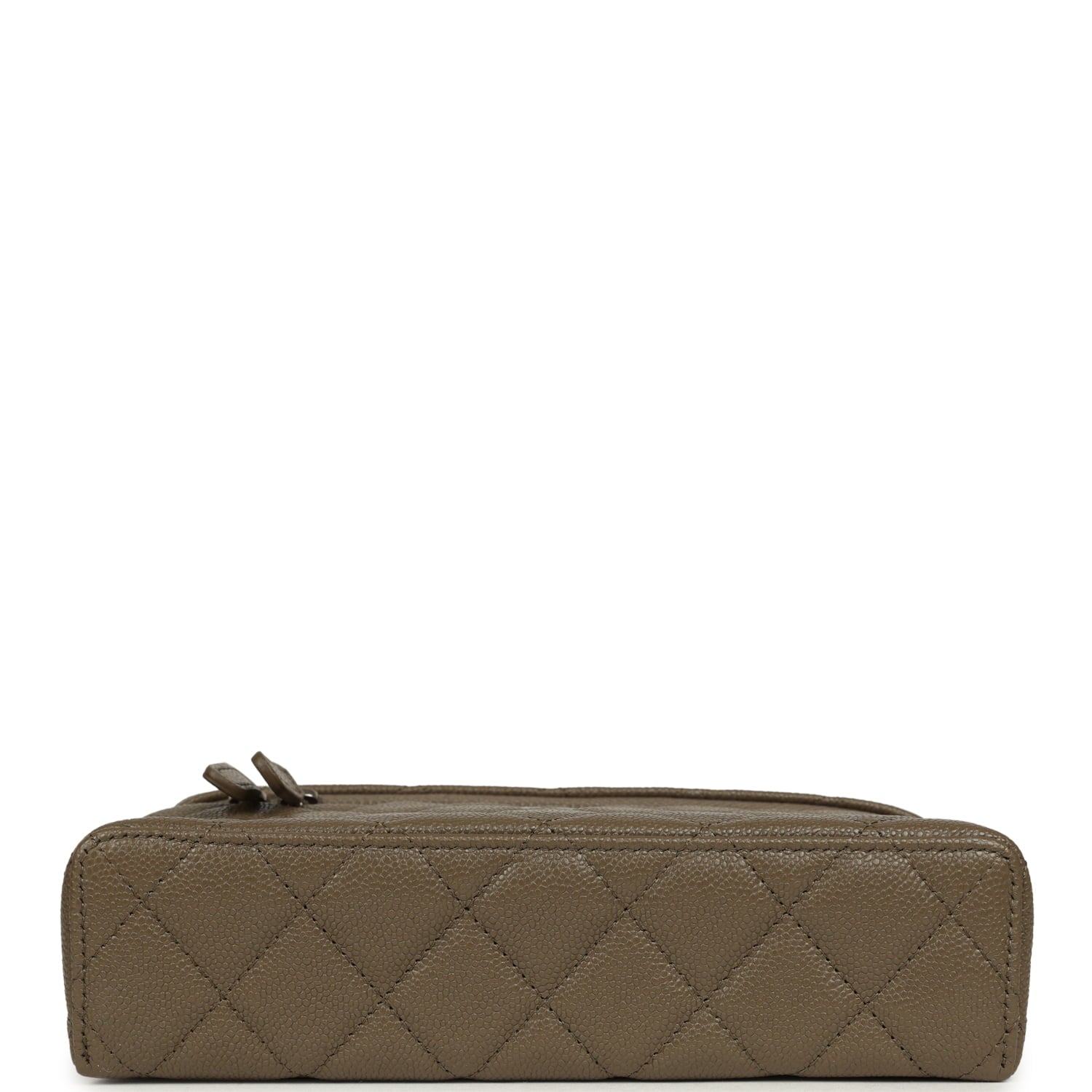 Chevron Top Handle Long Vanity Case with Chain Dark Khaki Shiny Caviar Silver Hardware