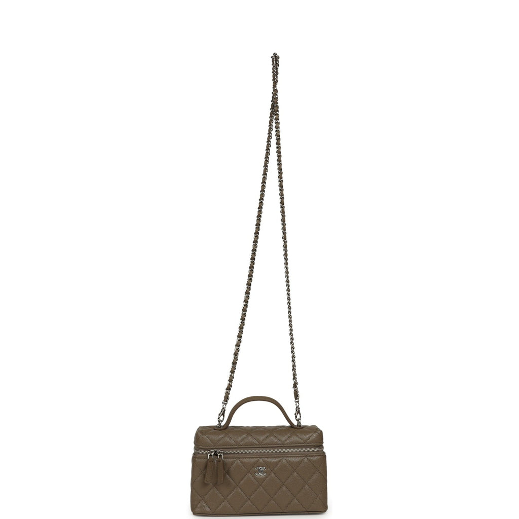 Chevron Top Handle Long Vanity Case with Chain Dark Khaki Shiny Caviar Silver Hardware