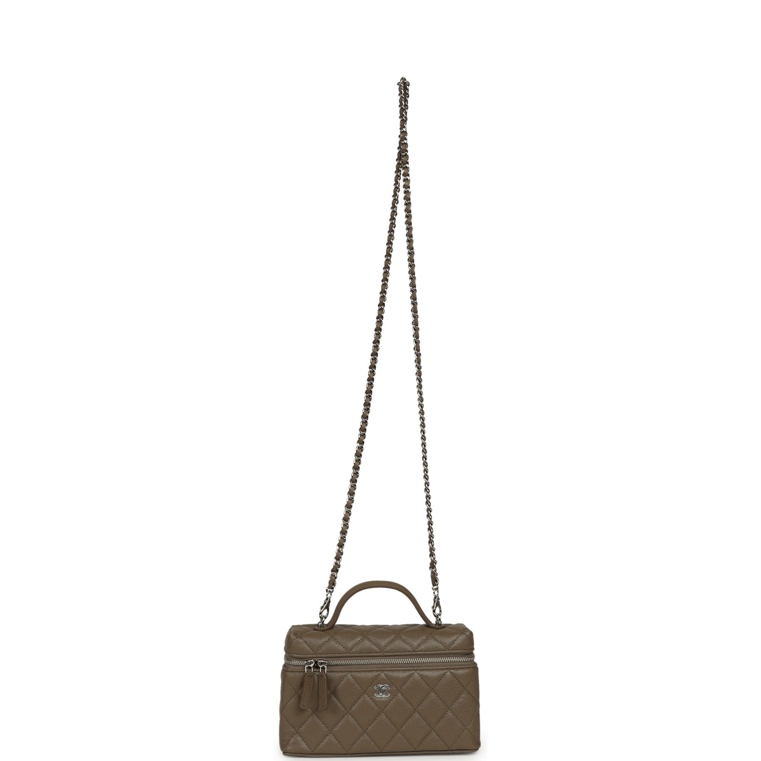 Chevron Top Handle Long Vanity Case with Chain Dark Khaki Shiny Caviar Silver Hardware