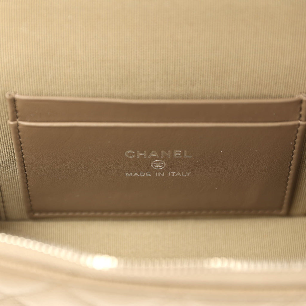 Chevron Top Handle Long Vanity Case with Chain Dark Khaki Shiny Caviar Silver Hardware
