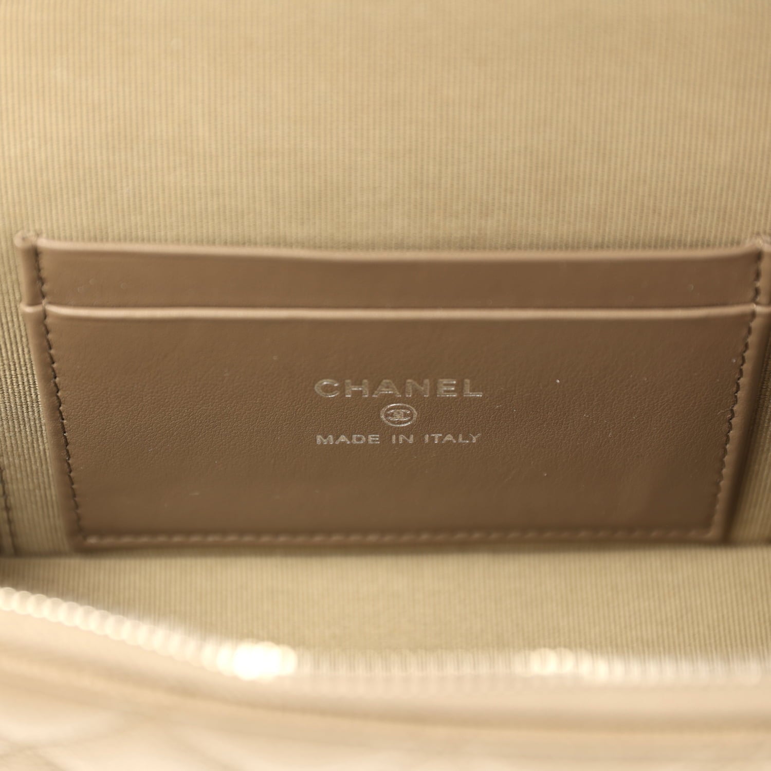 Chevron Top Handle Long Vanity Case with Chain Dark Khaki Shiny Caviar Silver Hardware