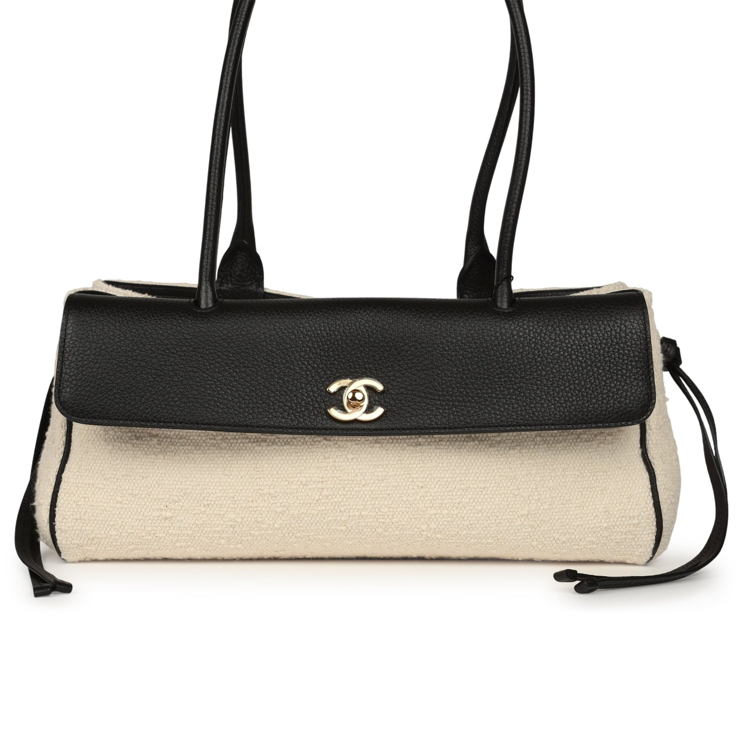Small "Urban Essential" East West Shopping Tote Black Calfskin and White Tweed Boucle Gold Hardware