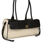 Small "Urban Essential" East West Shopping Tote Black Calfskin and White Tweed Boucle Gold Hardware