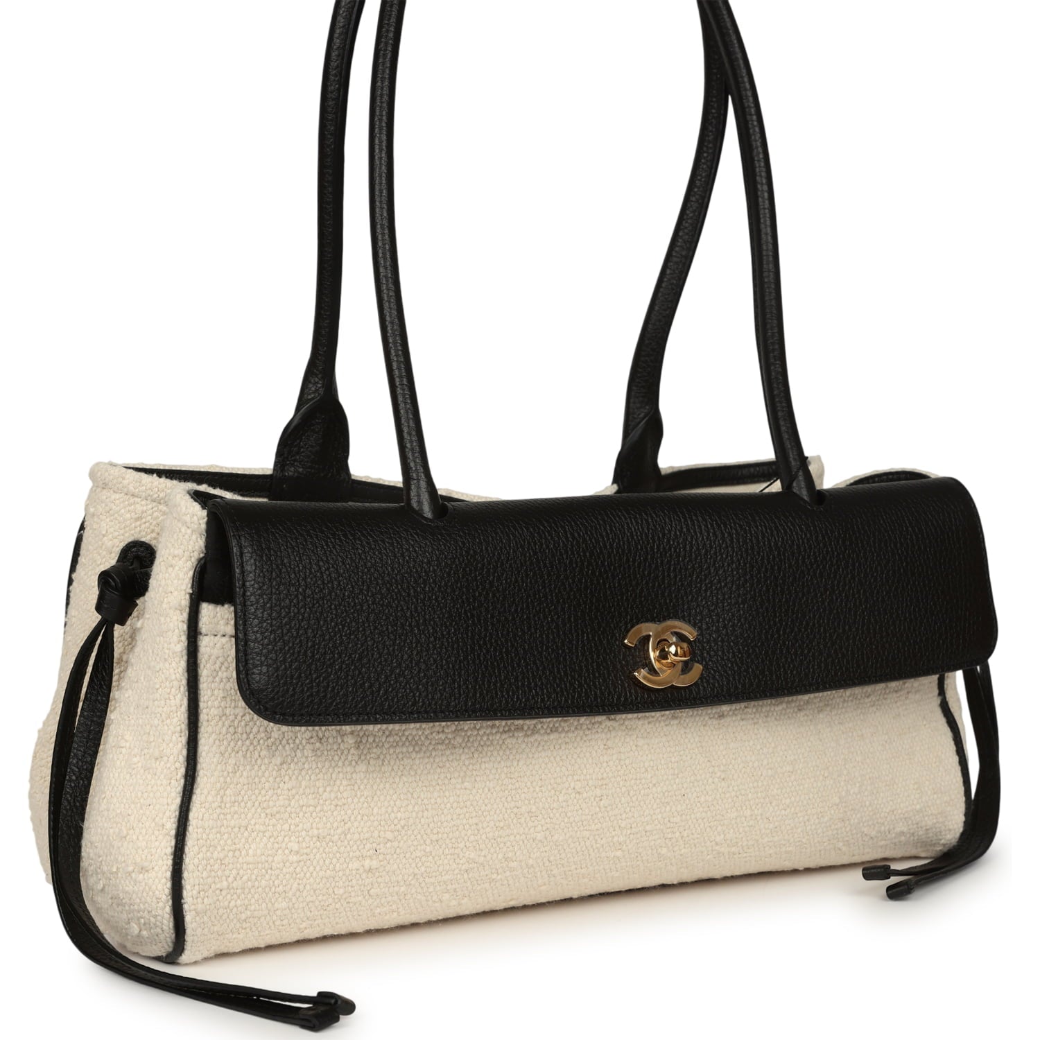 Small "Urban Essential" East West Shopping Tote Black Calfskin and White Tweed Boucle Gold Hardware