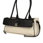 Small "Urban Essential" East West Shopping Tote Black Calfskin and White Tweed Boucle Gold Hardware