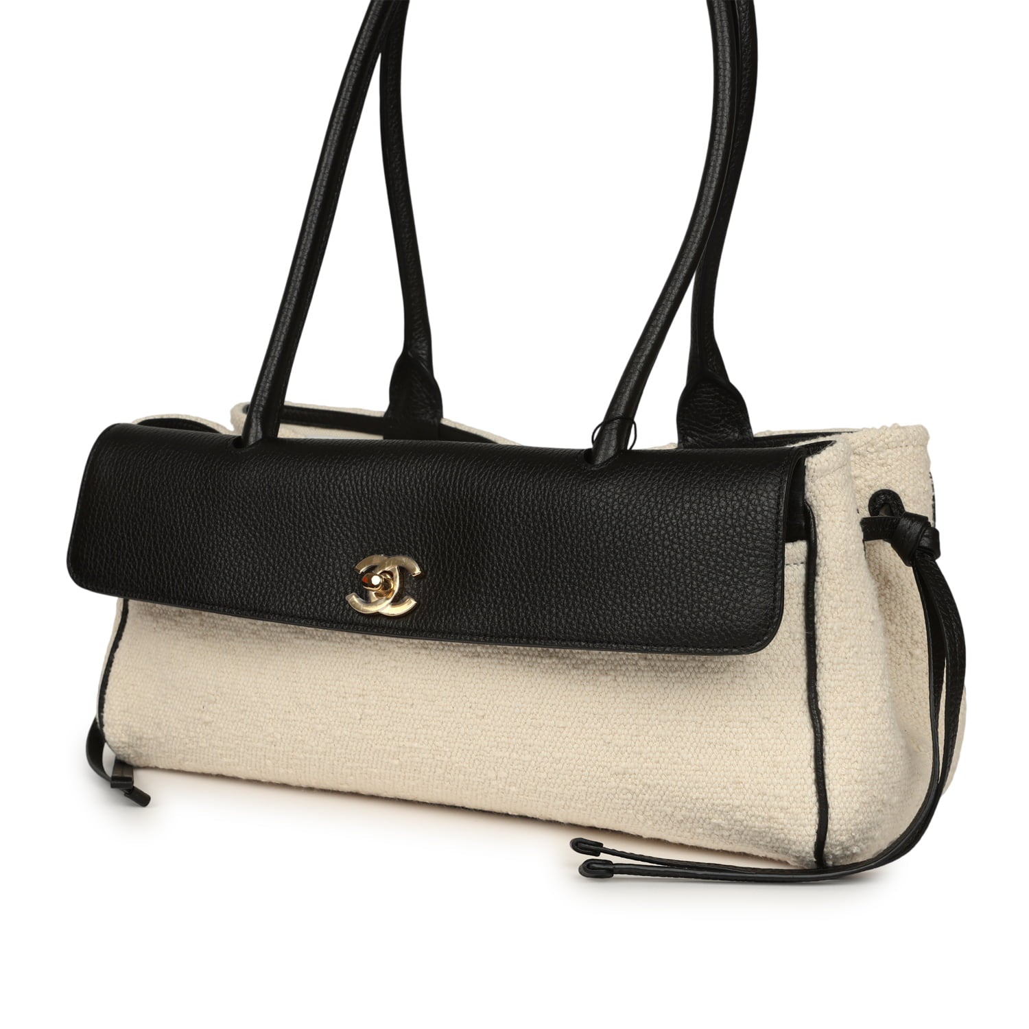 Small "Urban Essential" East West Shopping Tote Black Calfskin and White Tweed Boucle Gold Hardware
